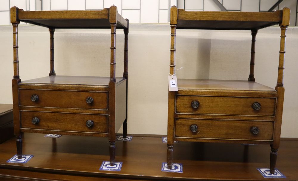 A pair of Georgian style mahogany two tier occasional tables, width 48cm, depth 40cm, height 70cm